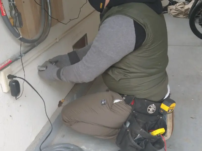 Electrician performing outlet wiring in a Glenolden garage